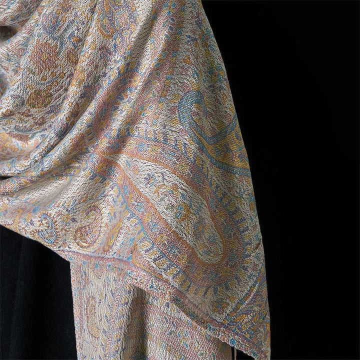 Buddha Stones Wiosna Jasnoróżowy Beżowy Kwiat Nerkowca Geometryczny Wzór Pasków Przytulny Szal z Frędzlami - image 10