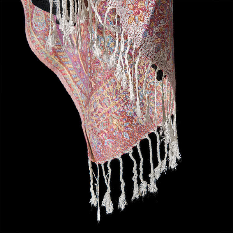 Buddha Stones Wiosna Jasnoróżowy Beżowy Kwiat Nerkowca Geometryczny Wzór Pasków Przytulny Szal z Frędzlami - image 5