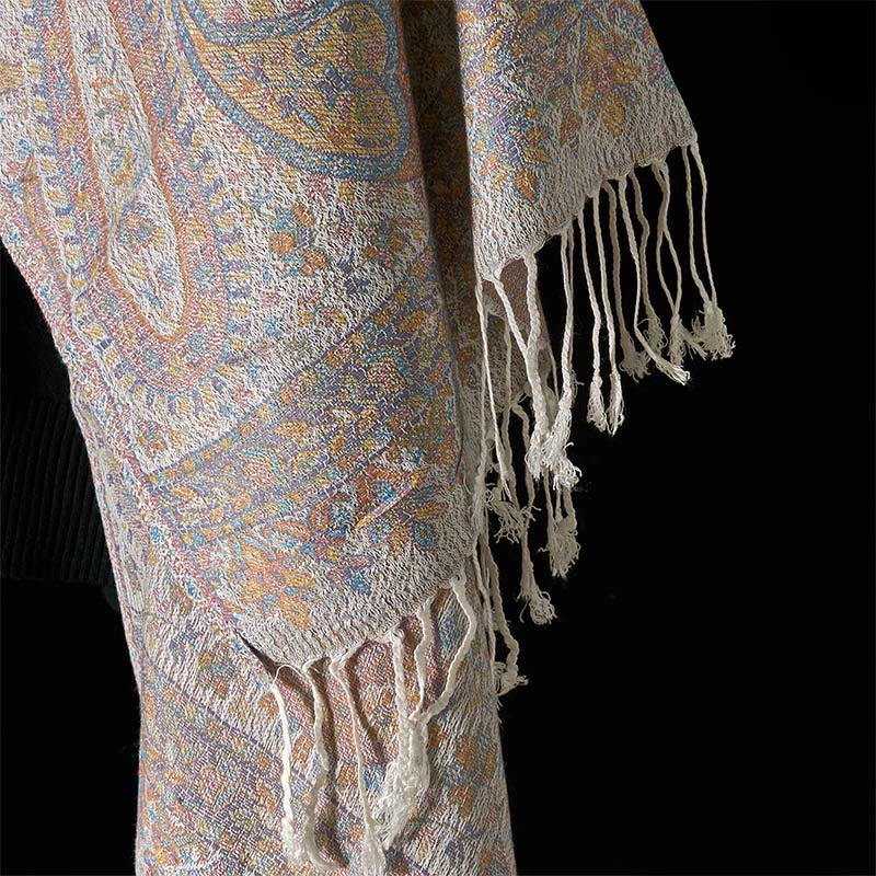 Buddha Stones Wiosna Jasnoróżowy Beżowy Kwiat Nerkowca Geometryczny Wzór Pasków Przytulny Szal z Frędzlami - image 11