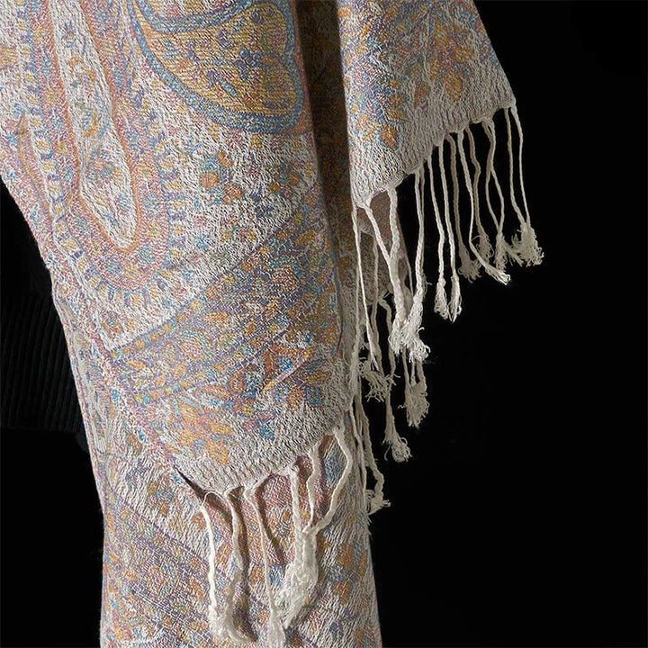 Buddha Stones Wiosna Jasnoróżowy Beżowy Kwiat Nerkowca Geometryczny Wzór Pasków Przytulny Szal z Frędzlami - image 11