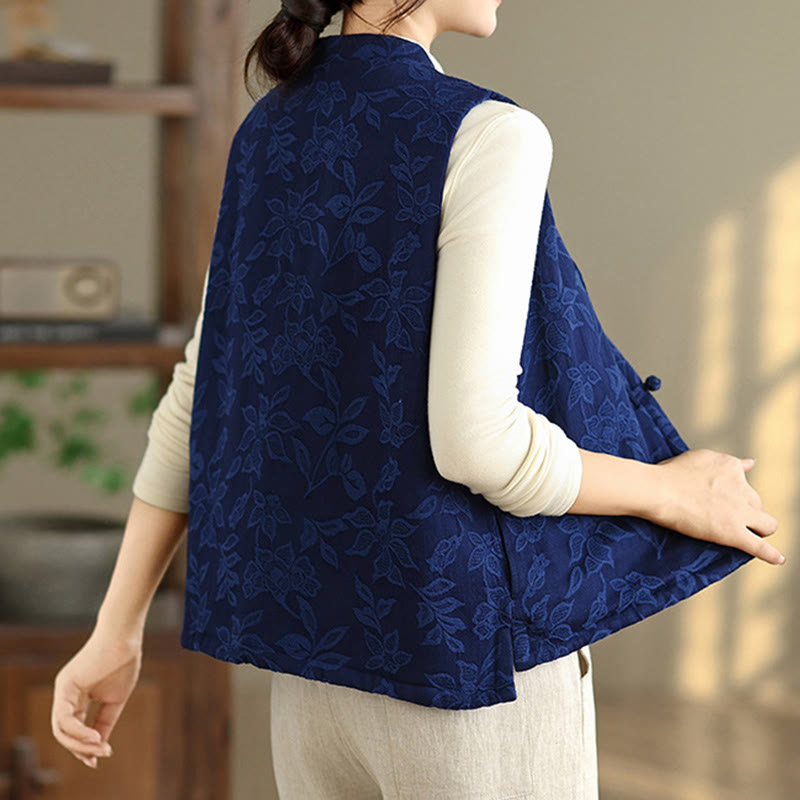 Kamizelka damska bez rękawów z bawełny z kieszeniami i wzorem żakardowym " Buddha Stones" zapinana na guziki żabki - image 5