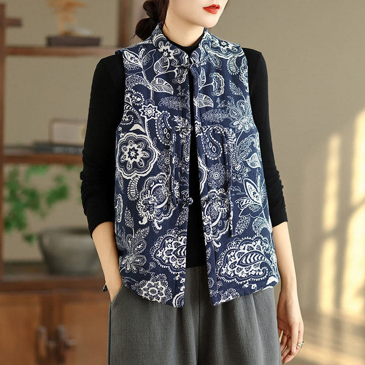 Kamizelka damska bez rękawów z bawełny z motywem roślinnym i żabą , z kieszeniami - MidnightBlue - US8-10，UK/AU12-14，EU40-42 (2XL) - image 0