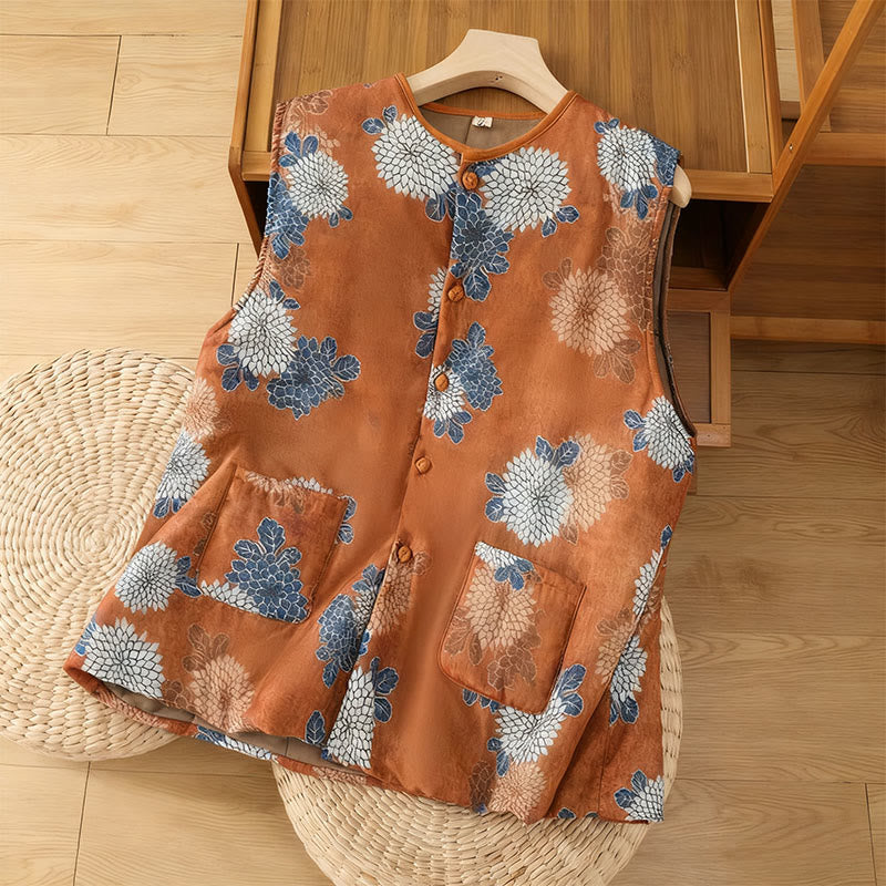 Kamizelka damska bez rękawów z bawełny z nadrukami w Buddha Stones i guzikami, z kieszeniami - Czekolada - US4, UK/AU8, EU36 (F) - image 0