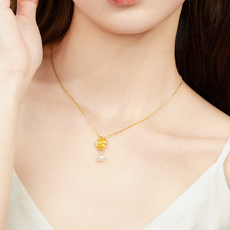 Naszyjnik uzdrawiający z Buddha Stones , 999 srebro platerowane złotem, perła kamelii - image 7