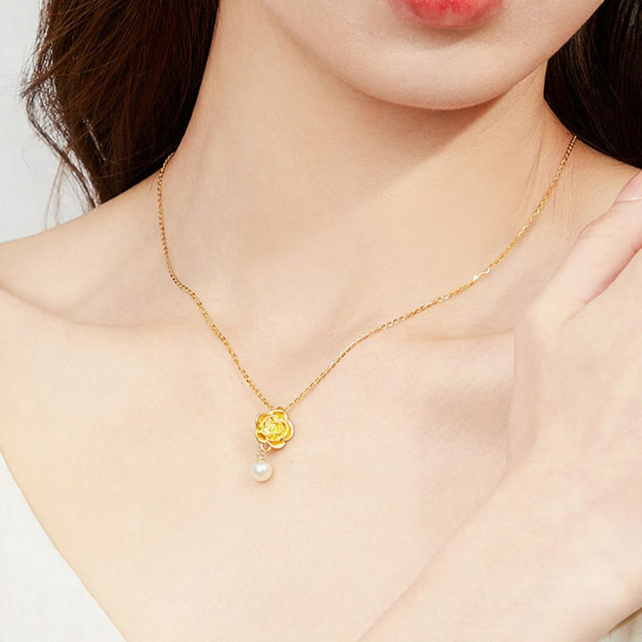 Naszyjnik uzdrawiający z Buddha Stones , 999 srebro platerowane złotem, perła kamelii - image 4