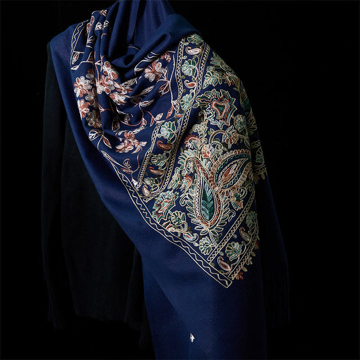 Buddha Stones Zimowy Brązowo-beżowy Mały Kwiat Pnącza Wzór Kwiatu Nerkowca Przytulny Szalik z Frędzlami - Stalowoniebieski - 182*71 cm - image 0