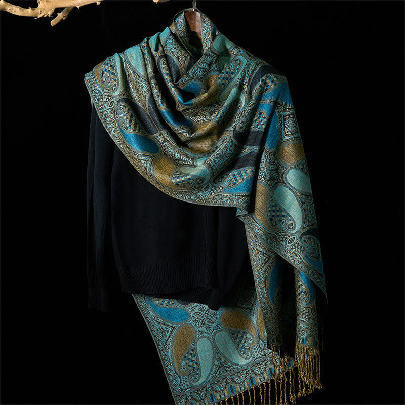 Buddha Stones, jesienny, geometryczny wzór z frędzlami i kwiatami nerkowca, przytulny szalik - image 2