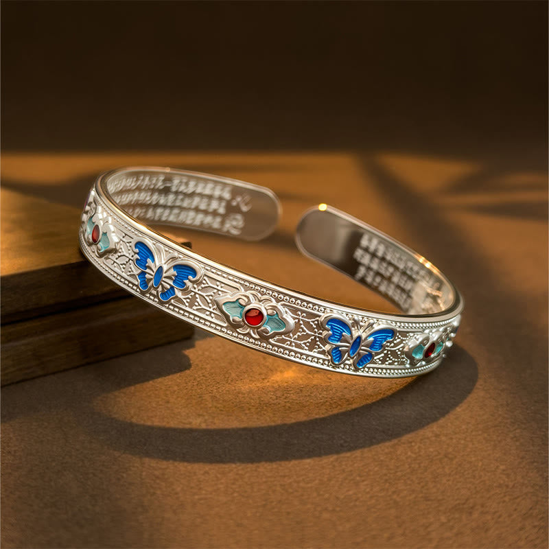 Buddha Stones, Sutra Serca, Motyl, Miedziana Emalia, Uzdrawiająca, Otwarta, Regulowana Bransoletka - Srebrzysty - image 6