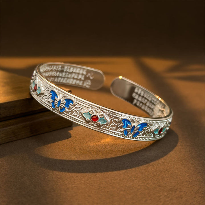 Buddha Stones, Sutra Serca, Motyl, Miedziana Emalia, Uzdrawiająca, Otwarta, Regulowana Bransoletka - Srebrzysty - image 6