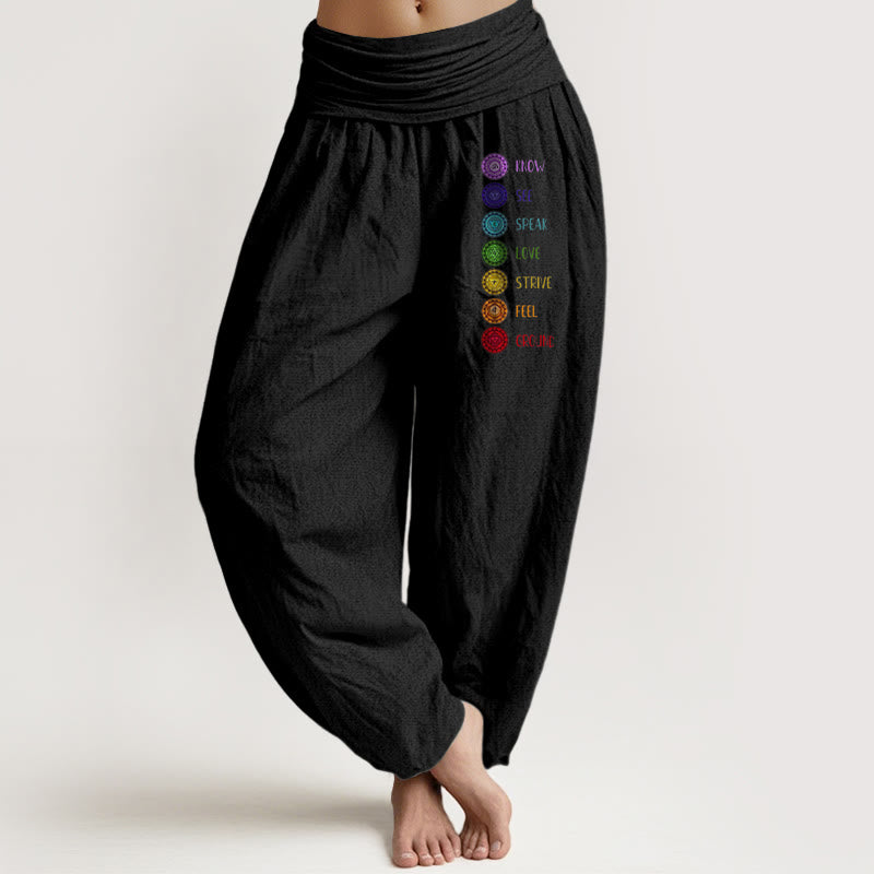 Damskie spodnie haremowe z elastyczną talią i czystą bawełną z nadrukiem "Buddha Stones: Siedem czakr" - Czarny - US22, UK/AU26, EU54 (6XL) - image 0