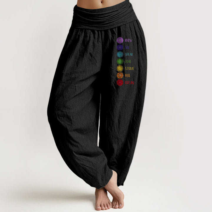Damskie spodnie haremowe z elastyczną talią i czystą bawełną z nadrukiem "Buddha Stones: Siedem czakr" - Czarny - US22, UK/AU26, EU54 (6XL) - image 0