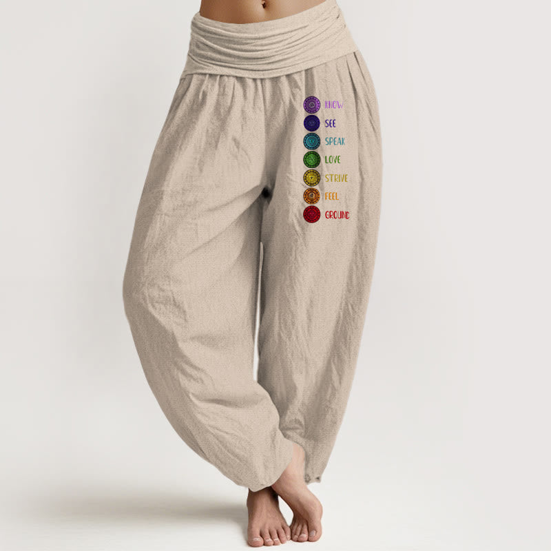 Damskie spodnie haremowe z elastyczną talią i czystą bawełną z nadrukiem "Buddha Stones: Siedem czakr" - Dębnik - US22, UK/AU26, EU54 (6XL) - image 11