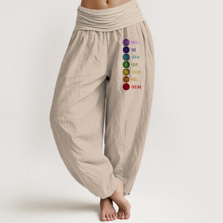Damskie spodnie haremowe z elastyczną talią i czystą bawełną z nadrukiem "Buddha Stones: Siedem czakr" - Dębnik - US22, UK/AU26, EU54 (6XL) - image 11