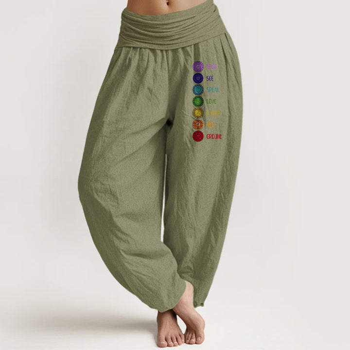 Damskie spodnie haremowe z elastyczną talią i czystą bawełną z nadrukiem "Buddha Stones: Siedem czakr" - Oliwkowy - US22, UK/AU26, EU54 (6XL) - image 14