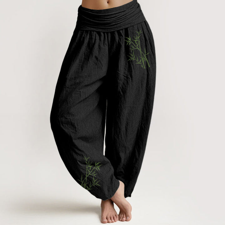 Damskie spodnie haremowe z elastyczną talią i nadrukiem z Buddha Stones w kolorze zielonym z bambusa - Czarny - US22, UK/AU26, EU54 (6XL) - image 0