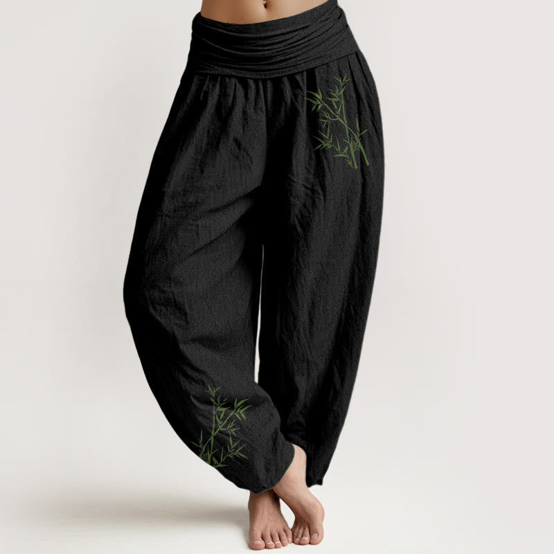 Damskie spodnie haremowe z elastyczną talią i nadrukiem z Buddha Stones w kolorze zielonym z bambusa - Czarny - US22, UK/AU26, EU54 (6XL) - image 0