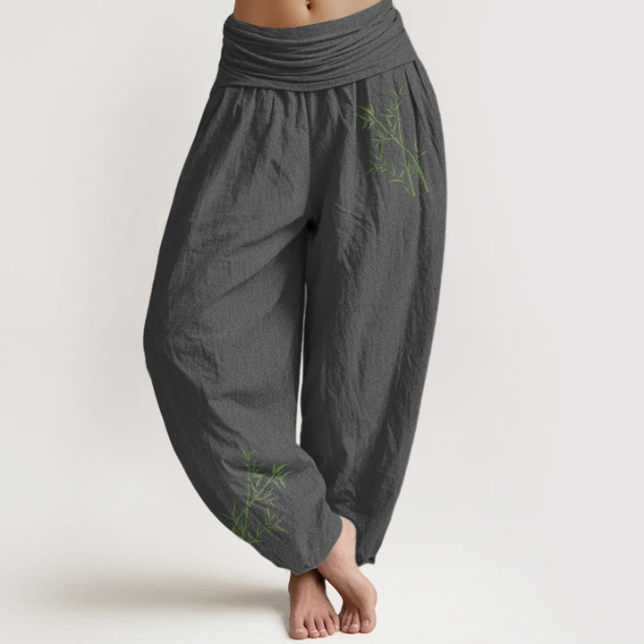 Damskie spodnie haremowe z elastyczną talią i nadrukiem z Buddha Stones w kolorze zielonym z bambusa - Szary - US22, UK/AU26, EU54 (6XL) - image 8