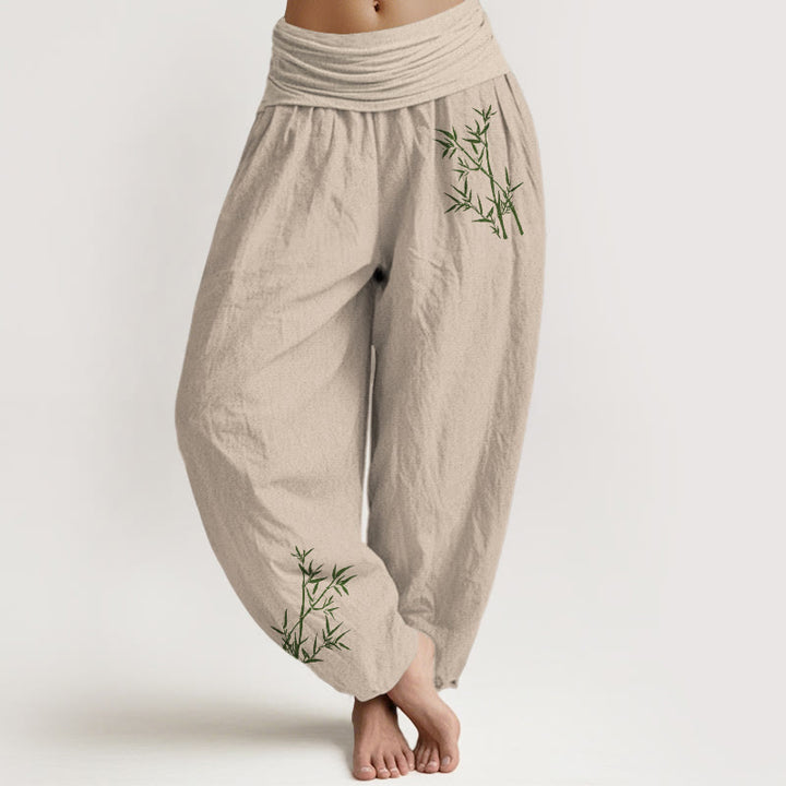 Damskie spodnie haremowe z elastyczną talią i nadrukiem z Buddha Stones w kolorze zielonym z bambusa - Dębnik - US22, UK/AU26, EU54 (6XL) - image 11