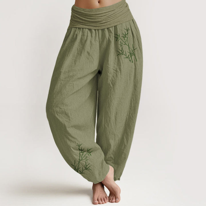 Damskie spodnie haremowe z elastyczną talią i nadrukiem z Buddha Stones w kolorze zielonym z bambusa - Oliwkowy - US22, UK/AU26, EU54 (6XL) - image 14