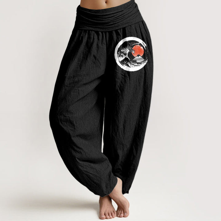 Damskie spodnie haremowe z elastycznej talii z motywem fal i gór Buddha Stones z czystej bawełny - Czarny - US22, UK/AU26, EU54 (6XL) - image 0
