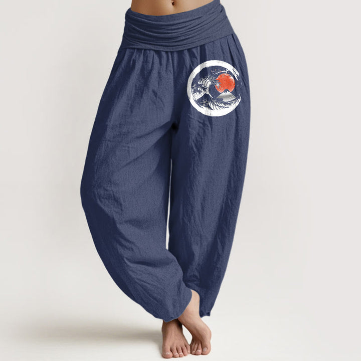 Damskie spodnie haremowe z elastycznej talii z motywem fal i gór Buddha Stones z czystej bawełny - DarkSlateBlue - US22, UK/AU26, EU54 (6XL) - image 5