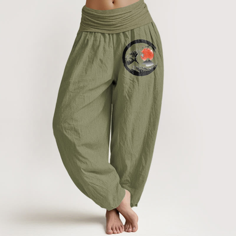 Damskie spodnie haremowe z elastycznej talii z motywem fal i gór Buddha Stones z czystej bawełny - Oliwkowy - US22, UK/AU26, EU54 (6XL) - image 14