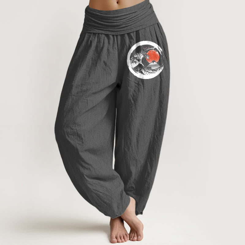 Damskie spodnie haremowe z elastycznej talii z motywem fal i gór Buddha Stones z czystej bawełny - Szary - US22, UK/AU26, EU54 (6XL) - image 8