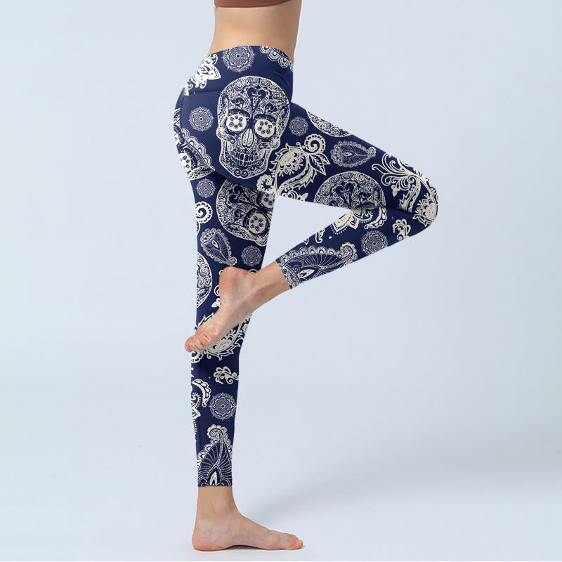Legginsy do jogi damskie z motywem paisley i czaszką roślinną z Buddha Stones - image 3