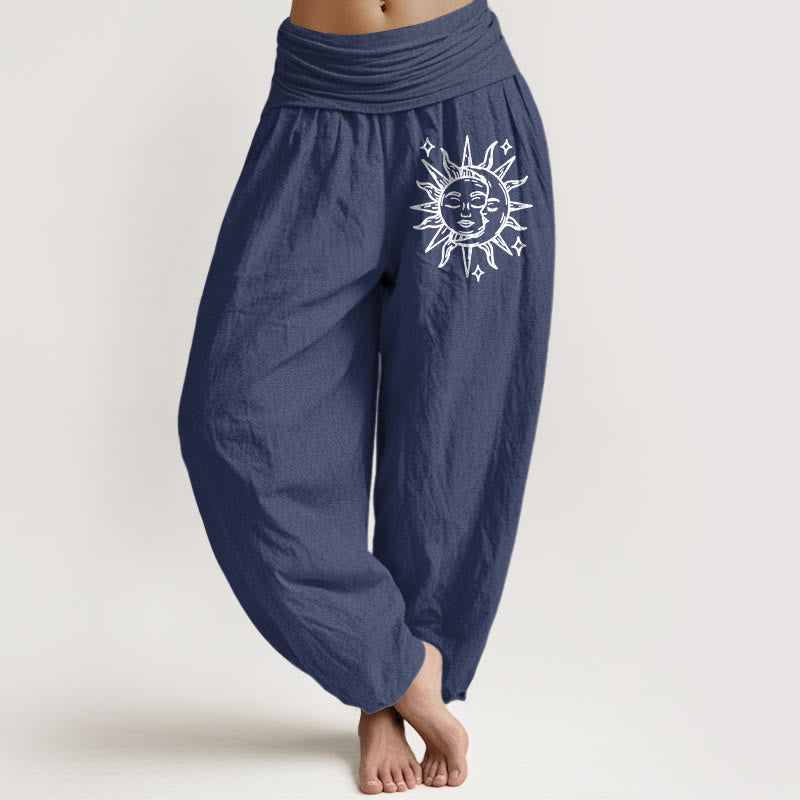 Damskie spodnie haremowe z elastycznej bawełny z motywem Buddha Stones i słońca i księżyca - DarkSlateBlue - US22, UK/AU26, EU54 (6XL) - image 5