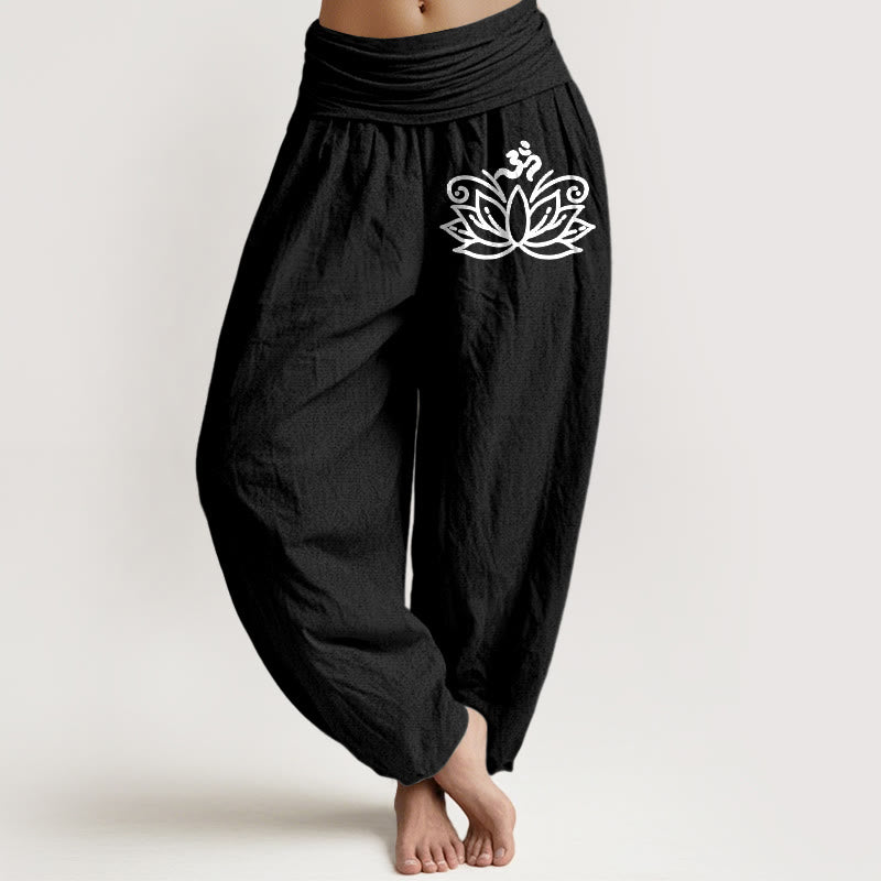 Damskie spodnie haremowe z elastycznej talii z czystej bawełny z motywem Buddha Stones - Czarny - US22, UK/AU26, EU54 (6XL) - image 0