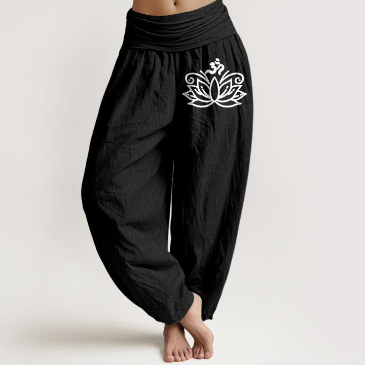 Damskie spodnie haremowe z elastycznej talii z czystej bawełny z motywem Buddha Stones - Czarny - US22, UK/AU26, EU54 (6XL) - image 0