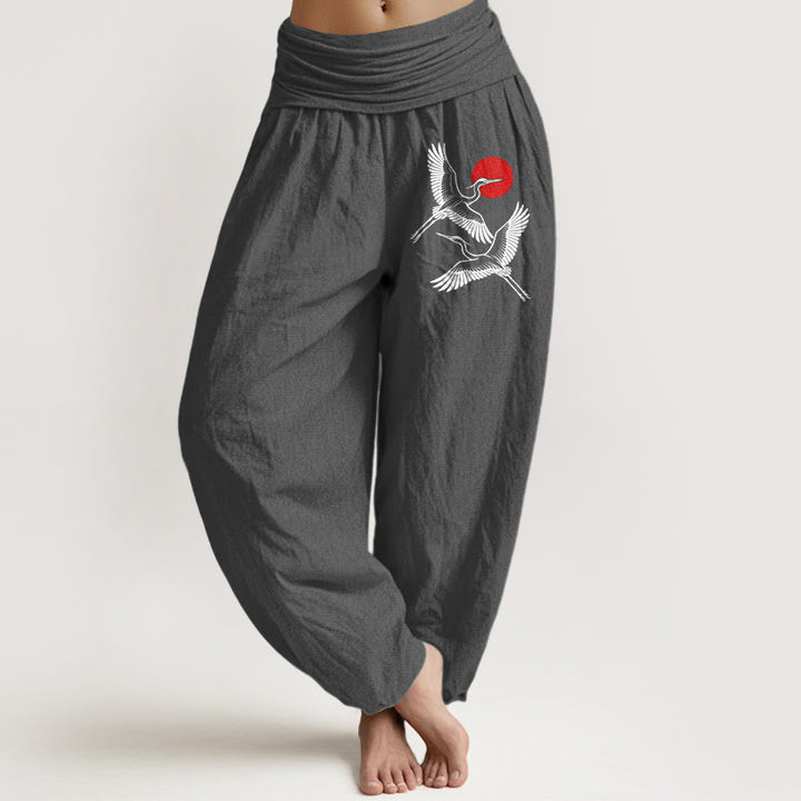 Damskie spodnie haremowe z elastyczną talią i wzorem "Buddha Stones" w czerwone słońce i żurawie - Szary - US22, UK/AU26, EU54 (6XL) - image 8