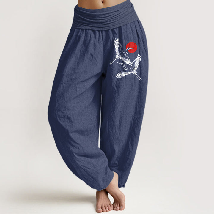Damskie spodnie haremowe z elastyczną talią i wzorem "Buddha Stones" w czerwone słońce i żurawie - DarkSlateBlue - US22, UK/AU26, EU54 (6XL) - image 5