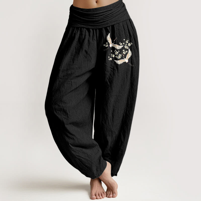 Spodnie haremki damskie z elastycznej talii z motywem Buddha Stones , żurawi i kwiatów, z czystej bawełny - Czarny - US22, UK/AU26, EU54 (6XL) - image 0