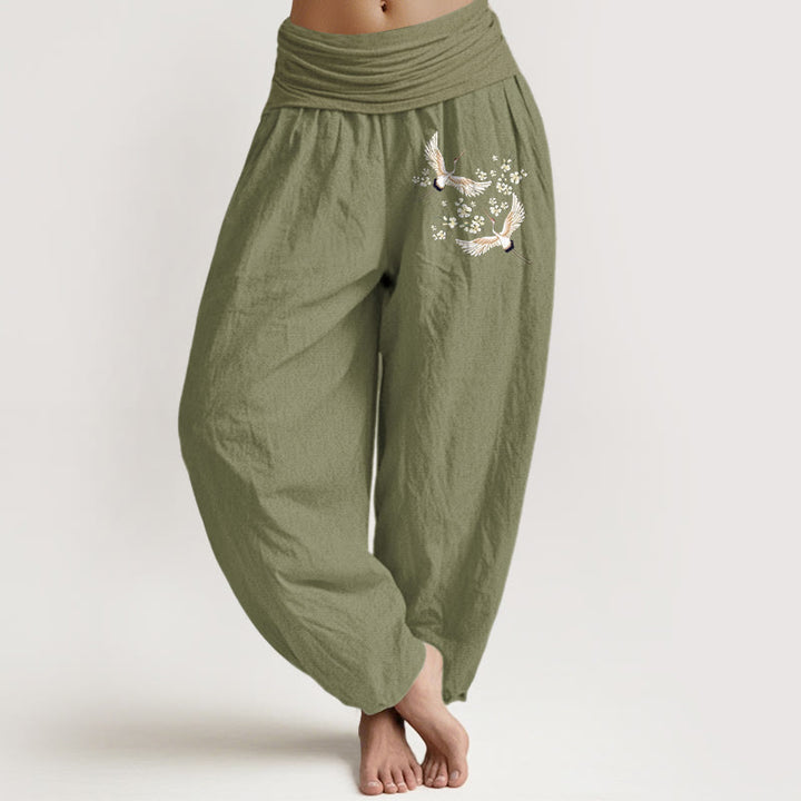 Spodnie haremki damskie z elastycznej talii z motywem Buddha Stones , żurawi i kwiatów, z czystej bawełny - Oliwkowy - US22, UK/AU26, EU54 (6XL) - image 14