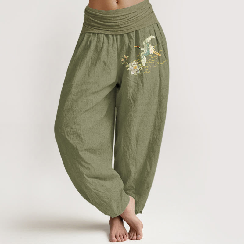 Spodnie Buddha Stones damskie z elastycznej talii z motywem żurawia i lotosu z czystej bawełny - Oliwkowy - US22, UK/AU26, EU54 (6XL) - image 14
