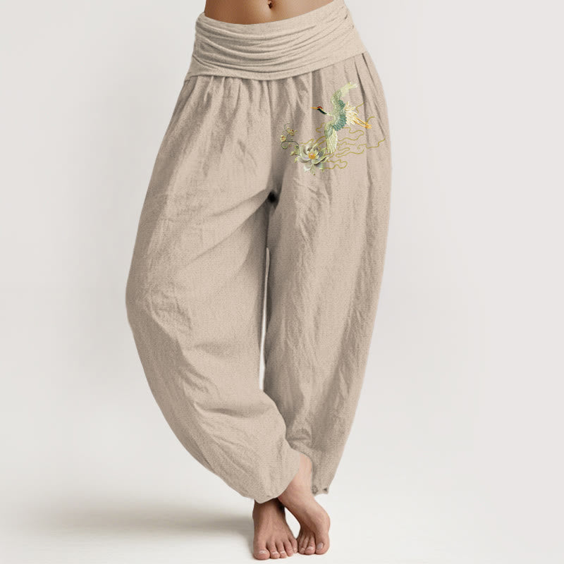 Spodnie Buddha Stones damskie z elastycznej talii z motywem żurawia i lotosu z czystej bawełny - Dębnik - US22, UK/AU26, EU54 (6XL) - image 11