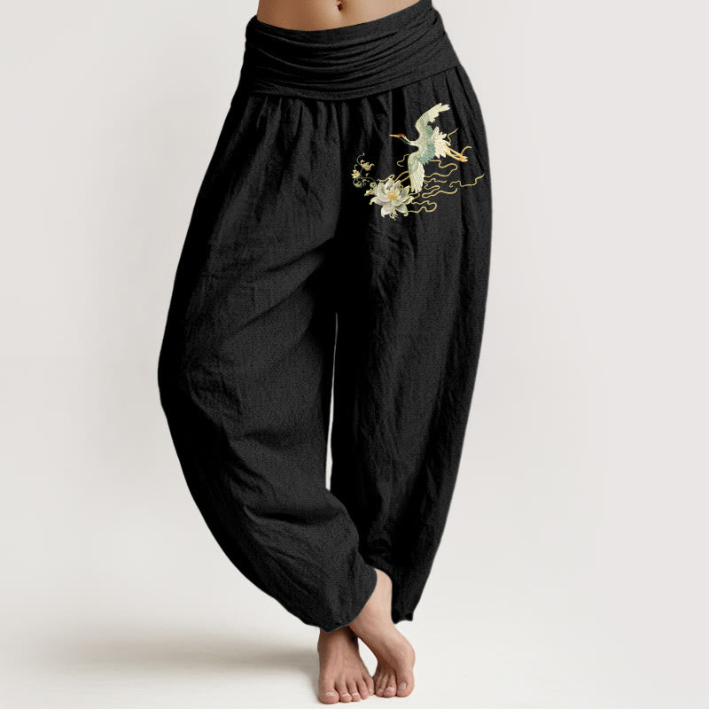 Spodnie Buddha Stones damskie z elastycznej talii z motywem żurawia i lotosu z czystej bawełny - Czarny - US22, UK/AU26, EU54 (6XL) - image 0