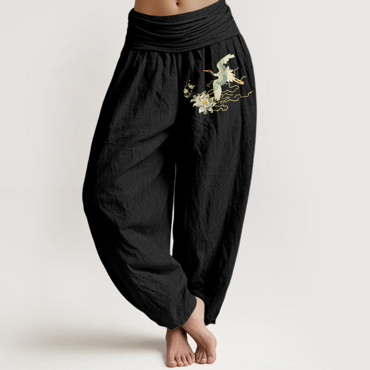 Spodnie Buddha Stones damskie z elastycznej talii z motywem żurawia i lotosu z czystej bawełny - Czarny - US22, UK/AU26, EU54 (6XL) - image 0