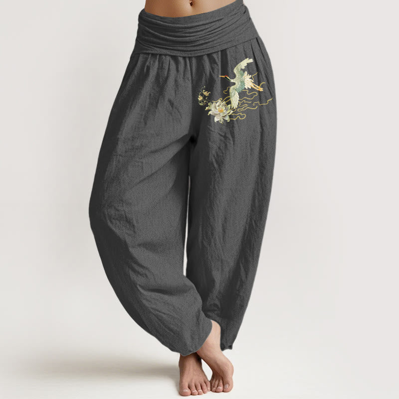 Spodnie Buddha Stones damskie z elastycznej talii z motywem żurawia i lotosu z czystej bawełny - Szary - US22, UK/AU26, EU54 (6XL) - image 8