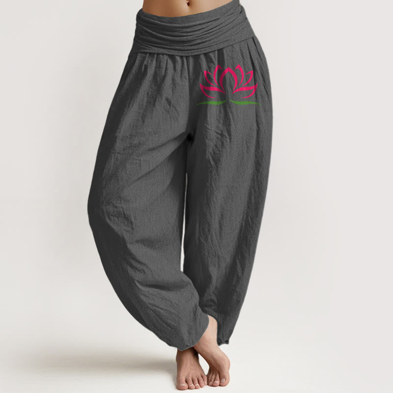 Spodnie haremowe damskie z elastyczną talią i prostym wzorem w Buddha Stones z różowym wzorem lotosu z czystej bawełny - Szary - US22, UK/AU26, EU54 (6XL) - image 8