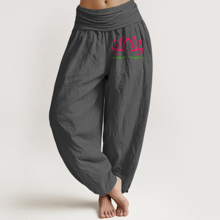 Spodnie haremowe damskie z elastyczną talią i prostym wzorem w Buddha Stones z różowym wzorem lotosu z czystej bawełny - Szary - US22, UK/AU26, EU54 (6XL) - image 8