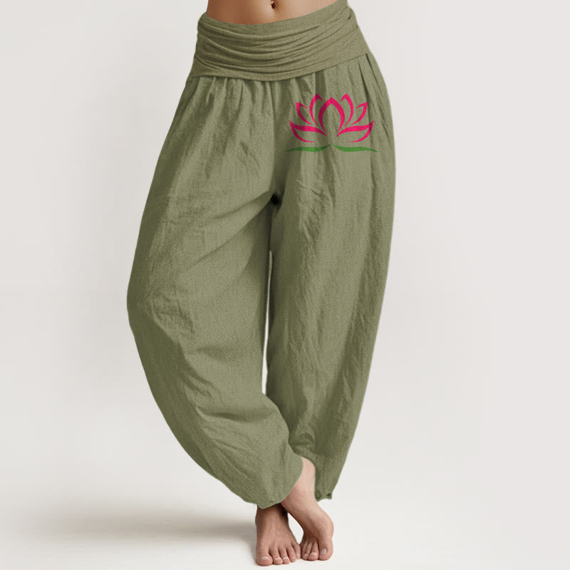 Spodnie haremowe damskie z elastyczną talią i prostym wzorem w Buddha Stones z różowym wzorem lotosu z czystej bawełny - Oliwkowy - US22, UK/AU26, EU54 (6XL) - image 14