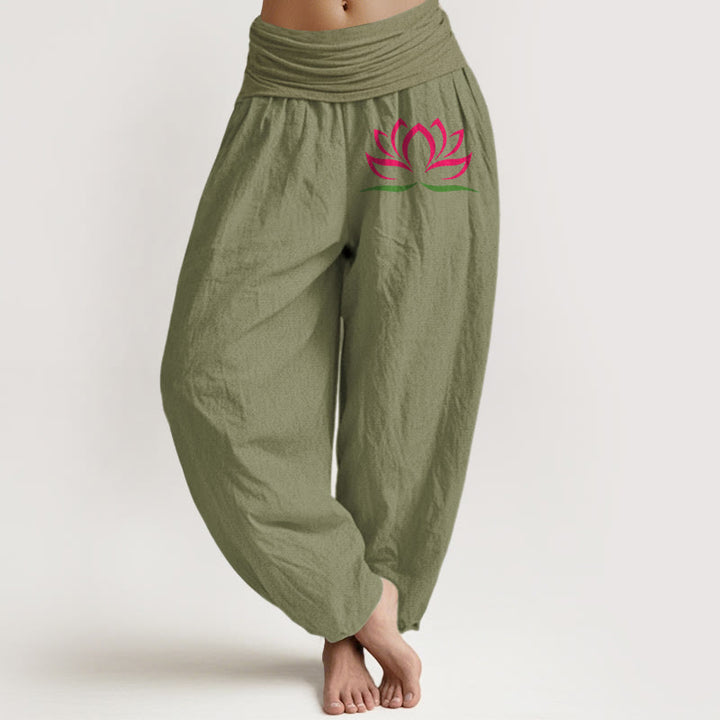 Spodnie haremowe damskie z elastyczną talią i prostym wzorem w Buddha Stones z różowym wzorem lotosu z czystej bawełny - Oliwkowy - US22, UK/AU26, EU54 (6XL) - image 14