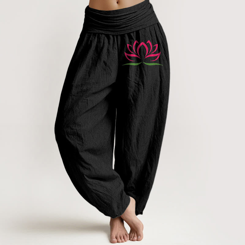 Spodnie haremowe damskie z elastyczną talią i prostym wzorem w Buddha Stones z różowym wzorem lotosu z czystej bawełny - Czarny - US22, UK/AU26, EU54 (6XL) - image 0