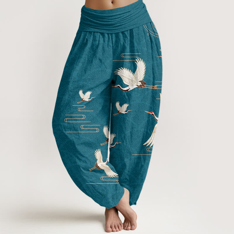 Damskie spodnie haremowe z elastyczną talią i nadrukiem w Buddha Stones, z falami i żurawiami, z czystej bawełny - Ciemnocyjanowy - US22, UK/AU26, EU54 (6XL) - image 5