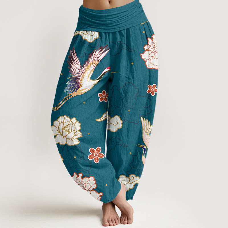 Damskie spodnie haremowe z elastyczną talią i nadrukiem Buddha Stones, żurawie i piwonie, z czystej bawełny - Ciemnocyjanowy - US22, UK/AU26, EU54 (6XL) - image 0