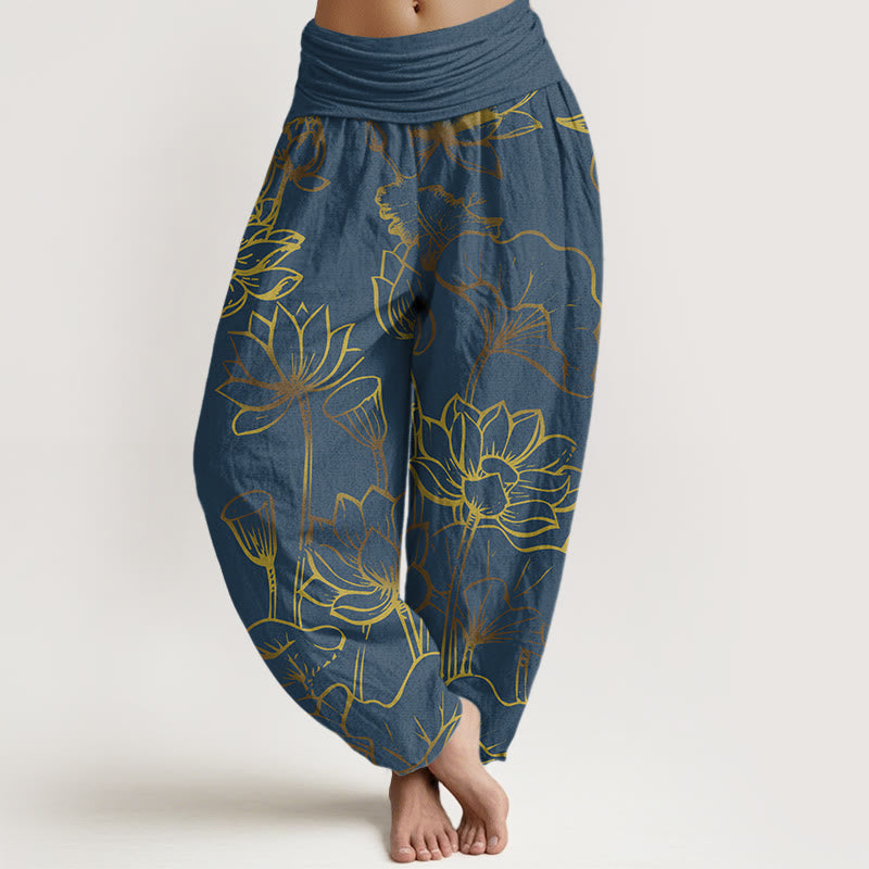 Damskie spodnie haremowe z elastyczną talią i bawełnianym nadrukiem z motywem Buddha Stones i kwiatów lotosu - Stalowoniebieski - US22, UK/AU26, EU54 (6XL) - image 0