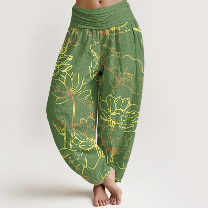 Damskie spodnie haremowe z elastyczną talią i bawełnianym nadrukiem z motywem Buddha Stones i kwiatów lotosu - ForestGreen - US22, UK/AU26, EU54 (6XL) - image 5