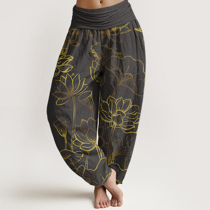 Damskie spodnie haremowe z elastyczną talią i bawełnianym nadrukiem z motywem Buddha Stones i kwiatów lotosu - Łupkowoszary - US22, UK/AU26, EU54 (6XL) - image 8